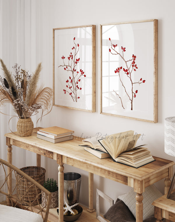Rosehip Aquarell Kunstdrucke – Zweier-Set Rote Beeren Zweige, Botanische Wandkunst für modernes Zuhause