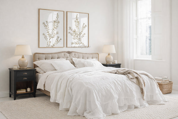 Neatly made bed in a bedroom with white walls, framed artwork showing neutral olive branches on white background watercolor prints , and lamps standing on black night couch tables. 