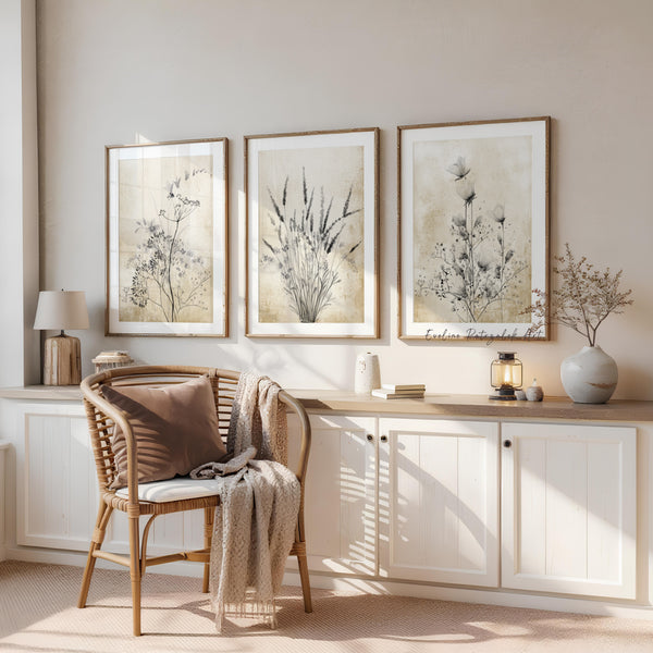 Modern Farmhouse American Art Set of 3 Prints – Neutral Black and Tan Botanical Wall Decor for Living Room, Bedroom, Rustic Country Home