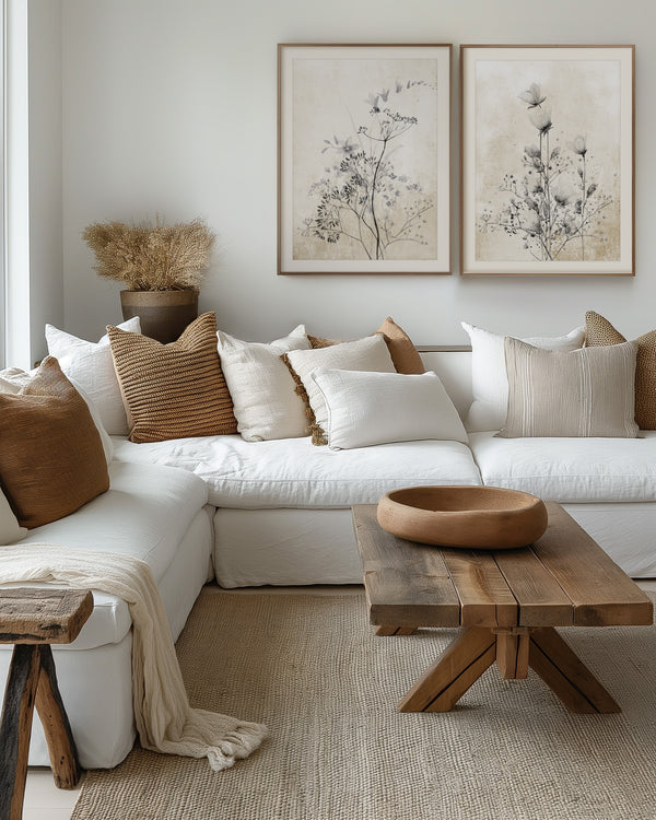 A pair of framed botanical prints featuring delicate black roses and other flowers in shades of grey and white hang above a cozy sectional sofa in a living room with a neutral color palette.