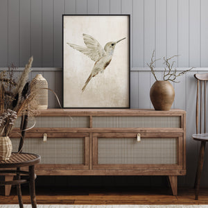 Kolibri Wandbild Vintage Vogel Kunstdruck Aquarell Neutral Beige Rustikal Modern