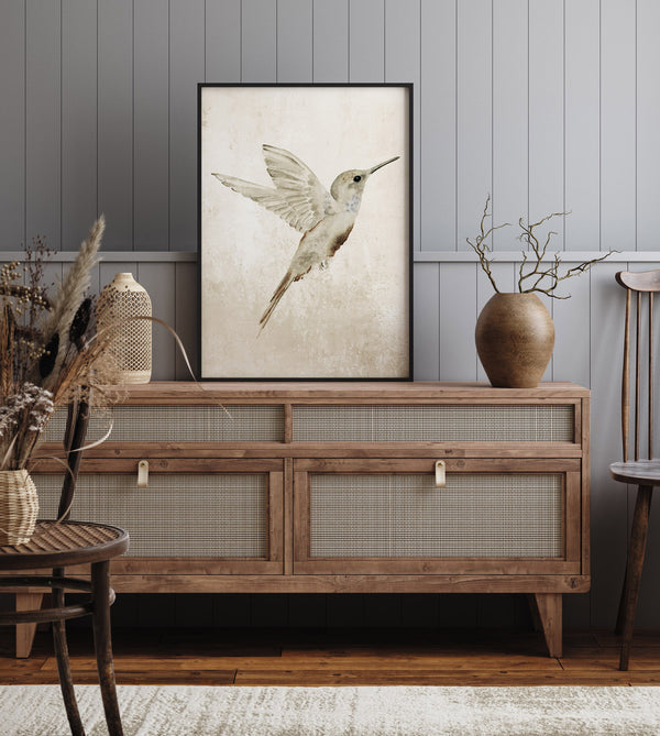 Kolibri Wandbild Vintage Vogel Kunstdruck Aquarell Neutral Beige Rustikal Modern