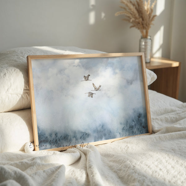 Blaues Landschaftsbild Wandbild – Kraniche Kunstdruck, Japandi Minimalistisch Aquarell Poster