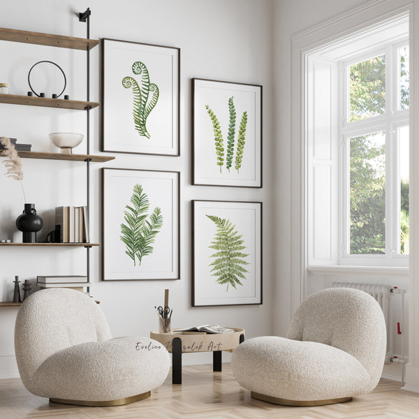 Modern living room with decorative chairs, a small table, and framed botanical prints on the wall.
