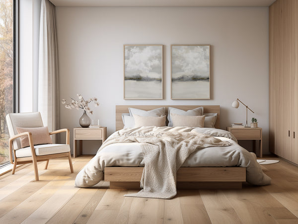Japandi Wandbilder – Set von 2 Beige und Grau Abstrakte Landschaft mit Wolken