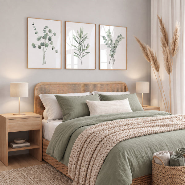 A styled bedroom scene with a bed dressed in sage green bedding and a chunky cream knit throw, flanked by two wooden nightstands with lamps. Above the bed are three framed botanical prints, and tall dried pampas grass stands near the window.