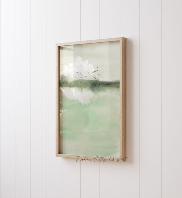 Grüne Landschaft Wandkunst – Minimalistisches Japandi Aquarell mit Vögeln und Wolken