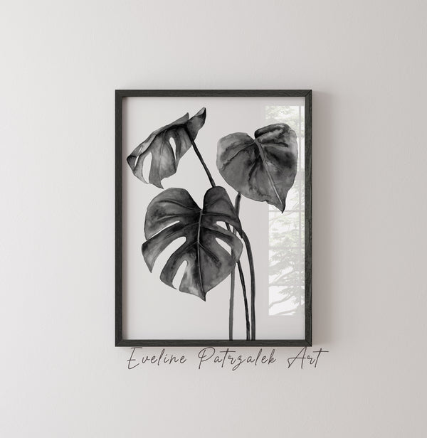 Large Black and White Botanical Wall Art Set – Minimalist Tropical Leaves Prints for Modern Living Room