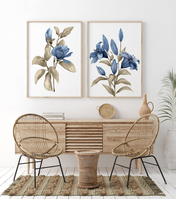 Navy blue botanical flower wall art set of 2