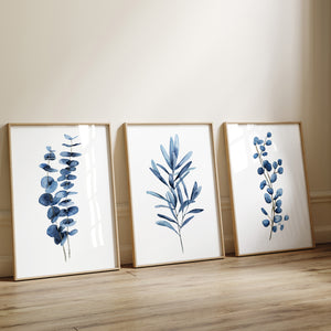 Blaue Bilder 3er Set – Eukalyptus & Blätterzweige als Aquarell Kunstdrucke