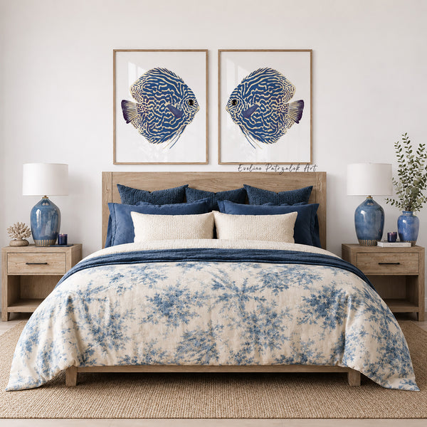 Minimalistische Wanddeko – Skandinavisches Fische Kunstdruck Set – Blaue Aquarell Poster für Japandi & moderne Wohnräume