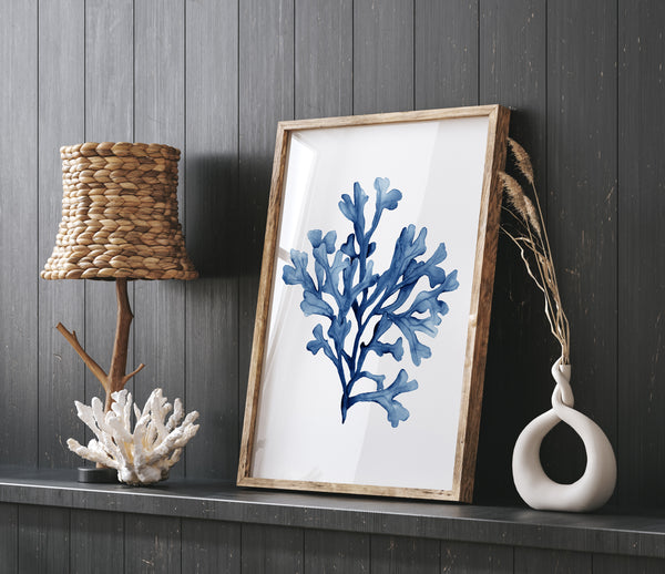 Minimalistische Küstenkunst, Set aus 3 Aquarellkorallen in Marineblau