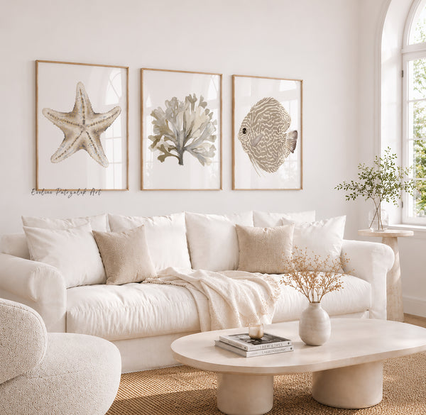 Coastal Farmhouse Wall Art Set of 3 Neutral Coastal Prints
