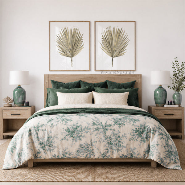 Bedroom with wooden bed, green bedding,  framed minimalist showing brown palm leaves and decorative elements.
