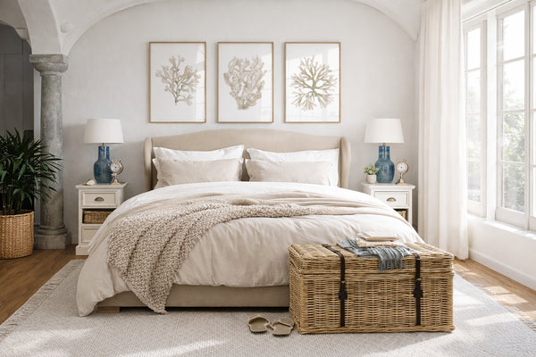 Neatly made bed in a bedroom with 3 frames showing 3 neutral corals on white background, a woven basket and decor items including 2 blue lamps on each side of the bed.