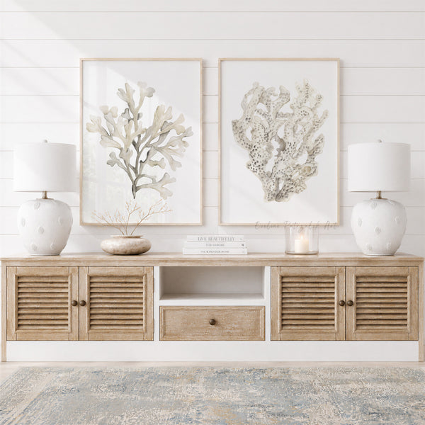 Beige Korallen Bilder 2er Set – Aquarell Wandbilder im Coastal Stil