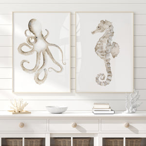 Neutral Coastal Wall Art Set – Octopus & Seahorse Watercolor Prints, Beach House Ocean Animal Decor in Beige Tones