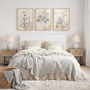 Set of 3 Botanical Prints – Neutral Floral Wall Art in Beige and Black, Farmhouse Wall Decor, Vintage-Inspired Nature Prints