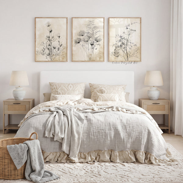 A styled bedroom scene with a bed dressed in cream and beige linens, flanked by matching nightstands and lamps, with three framed botanical prints above the headboard. A wicker basket and folded throw sit on the floor nearby.