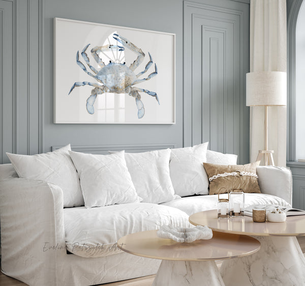 Blauer Krabben Aquarell Kunstdruck – Modernes Coastal Wandbild für Strandhäuser