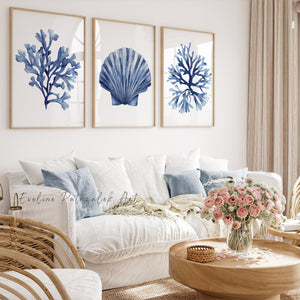 Blue Coastal Wall Art Set of 3 – Coral and Seashell Prints, Ocean Beach House Decor
