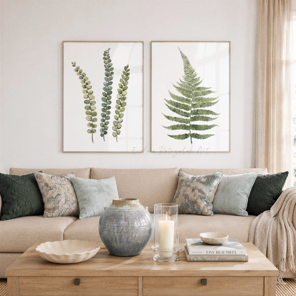 Olive Green Fern Wall Art – Organic Modern Botanical Watercolor Prints