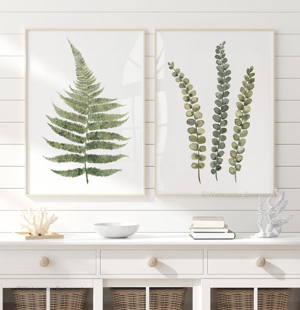 Olive Green Fern Wall Art – Organic Modern Botanical Watercolor Prints