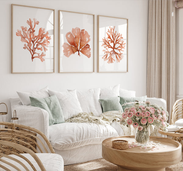 Orange Coral Wall Art Set of 3 – Botanical Coastal Reef Prints