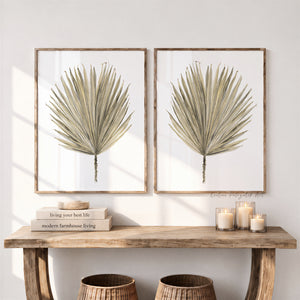 Minimalist palm leaves in beige, botanical minimalist painting, set of 2 prints