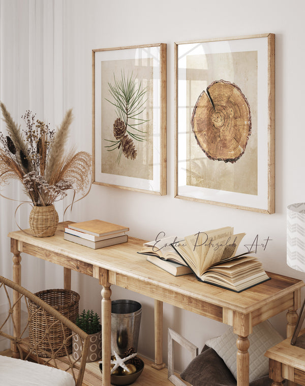 Pine cone and wood slice wall art set of 2 above a rustic wooden console