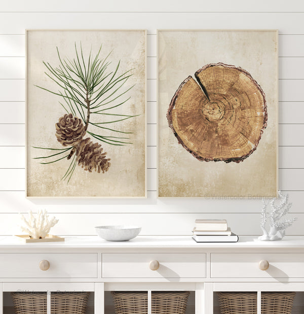 Close view of watercolor pine branch with cones and tree slice prints on aged beige