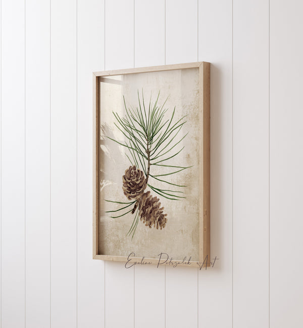 Single watercolor pine cone print in a light wood frame
