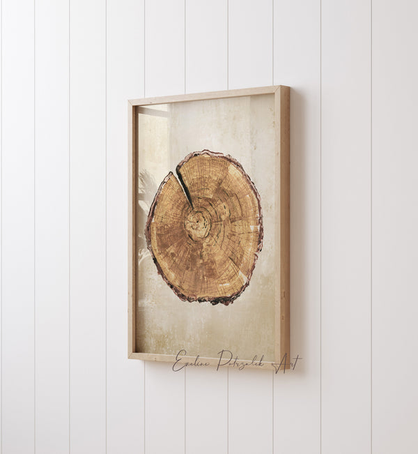 Single watercolor wood slice print with tree rings in a light wood frame