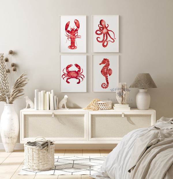 Set of 4 Red Coastal Wall Art Prints – Watercolour Sea Animals Artwork for Beach House & Nautical Bathroom Decor | Lobster, Octopus, Crab, Seahorse
