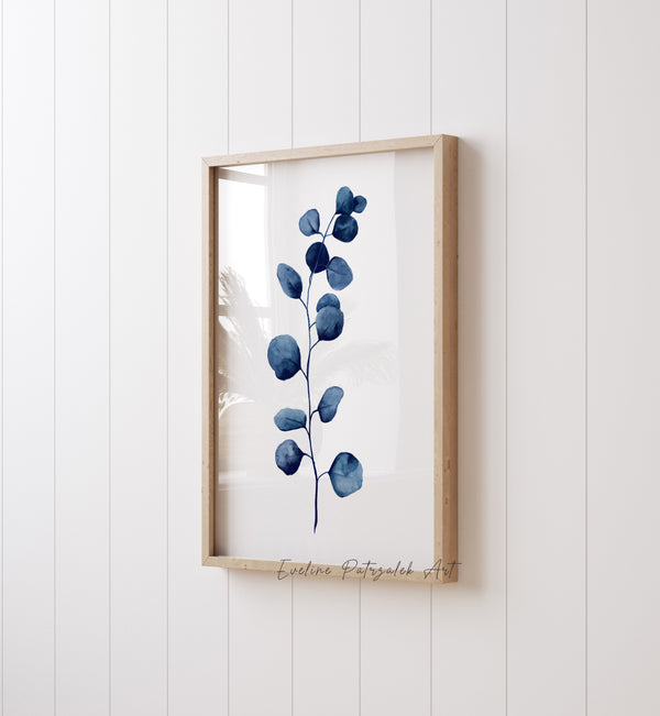 Watercolor Eucalyptus Wall Art Set of 3 – Navy Blue Botanical Prints for Modern Bedroom or Living Room