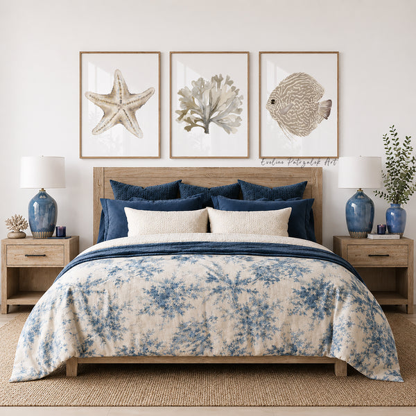 Coastal Farmhouse Wall Art Set of 3 Neutral Coastal Prints