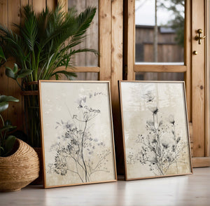 A close-up of a framed botanical print featuring delicate black roses and other flowers in shades of grey and white, from different angles. 