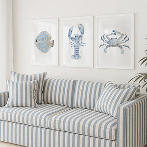 Küstenaquarell Meereskunst – Minimalistisches Meeresleben Druck-Set mit 3 Motiven (Krabbe, Hummer, Fisch)