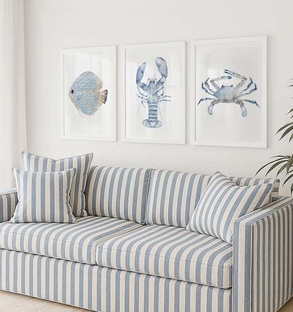 Küstenaquarell Meereskunst – Minimalistisches Meeresleben Druck-Set mit 3 Motiven (Krabbe, Hummer, Fisch)