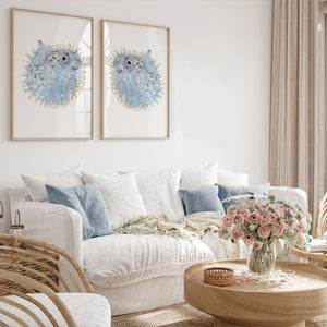 Blue Puffer Fish Wall Art – Coastal Watercolor Sea Life Prints Set of 2 – Unframed Nautical Artwork for Beach House Living Room