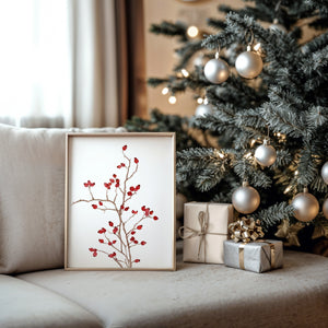 Minimalist Red Rosehip Print – Watercolor Botanical Art for Cozy Home Decor