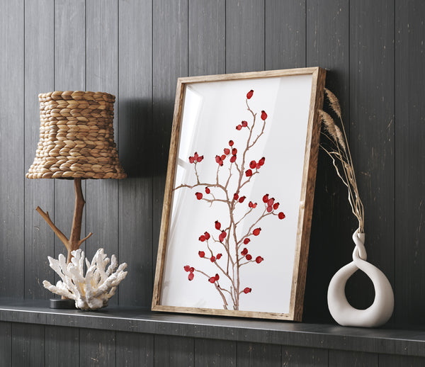 Aquarell Hagebutten Zweig Poster – Botanisches Wandbild – Skandinavische Herbst Dekoration