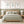 Bedroom with a wooden bed, green bedding, and sage green botanical wall art wall art featuring plants.