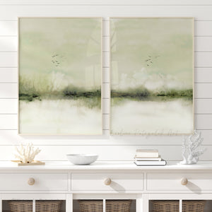 Green Landscape Wall Art Set of 2 – Abstract Watercolor Japandi Prints