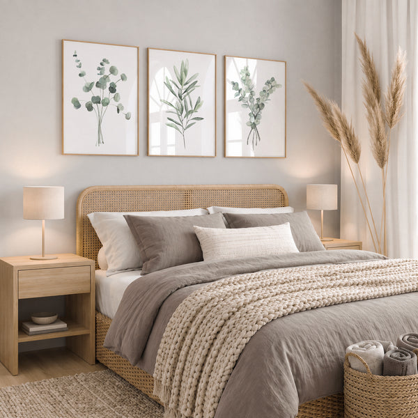A styled bedroom scene featuring a bed with neutral-toned bedding, a woven cane headboard, matching bedside tables and lamps, three framed botanical prints on the wall, and dried pampas grass decor.