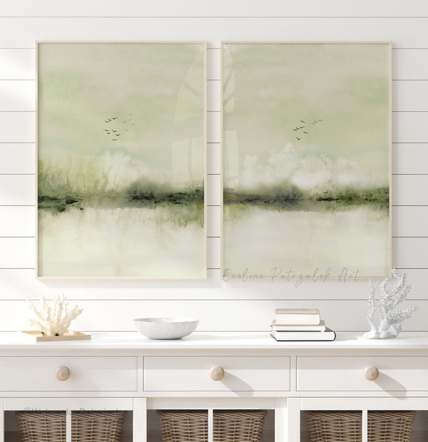 Green Landscape Wall Art Set of 2 – Abstract Watercolor Japandi Prints