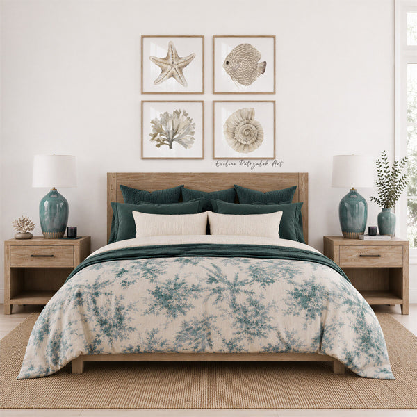 Four neutral sea life prints above a bed with teal floral bedding
