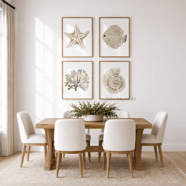 Beige coastal wall art set of 4 above a wooden dining table