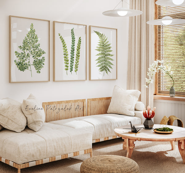 Green Fern Wall Art Set of 3 Botanical Prints for Modern Interiors and Living Room Decor