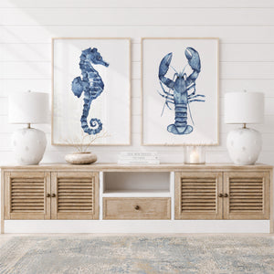 Navy Blue Seahorse & Lobster Wall Art Set of 2 – Coastal Watercolor Prints for Beach House Decor